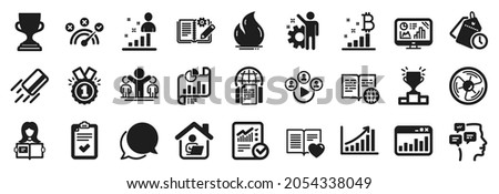 Set of Education icons, such as Stats, Fire energy, Employee icons. Work home, Time management, Analytics graph signs. Video conference, Report document, Internet book. Checklist, Approved. Vector