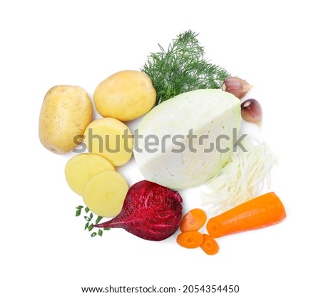 Ingredients for traditional borscht on white background, top view