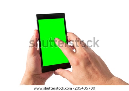 Man holds in hand and taps by index finger tablet PC in portrait mode with green screen isolated on white. Chroma key screen for placement of your own content. 