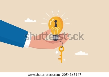 Key to success, creativity idea to solve problem, innovation or knowledge to unlock career potential concept, businessman hand giving bright lightbulb idea with keyhole and golden key to unlock it. Royalty-Free Stock Photo #2054363147