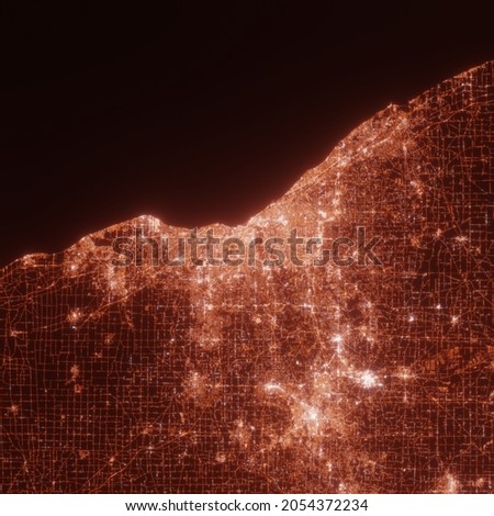 Cleveland city lights map, top view from space. Aerial view on night street lights. Global networking, cyberspace. High resolution