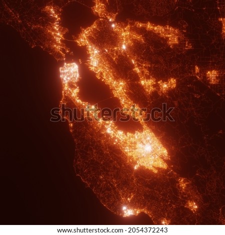 Bay Area lights map, top view from space. Aerial view on night street lights. Global networking, cyberspace. High resolution