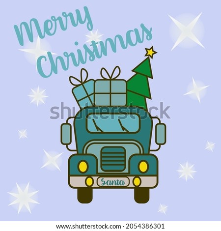 Santa Claus brings on his blue car presents and Christmas tree