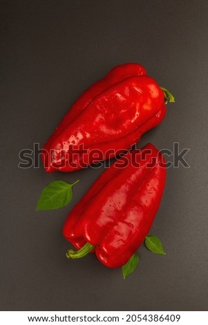 Giant red bell pepper isolated on black stone background. Sweet vegetable, new harvest, fresh ingredient for healthy food. Dark culinary wallpaper, top view