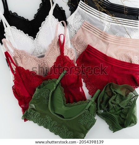 women's underwear, bra, panties, different colors, layout on a white background