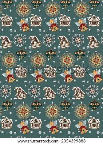 Seamless patterns with angels and ginger cake on the teal background