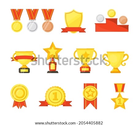 Golden, silver, bronze medals, cups and badges vector cartoon set. Winners trophies awards collection on white studio background. Championship, triumph, goal achievement concept. Prize design element. Royalty-Free Stock Photo #2054405882