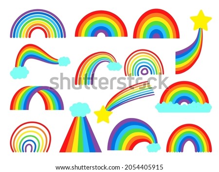 Cartoon rainbow vector collection set. Colourful rainbows, stars and cloud with rainbow colors tail. Hand drawn color arc vector illustration set. Cartoon rainbow doodle, graphic colorful collection.