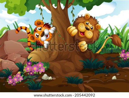 Illustration of a tiger and a lion playing at the forest