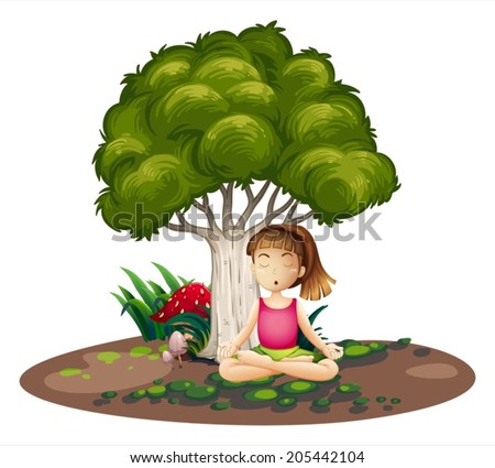 Illustration of a girl doing yoga under the tree on a white background