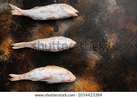 Frozen Goatfish raw fish set, on old dark rustic table background, top view flat lay , with copy space for text