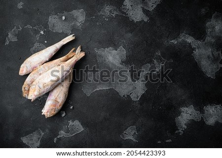 Frozen Goatfish raw fish set, on black dark stone table background, top view flat lay , with copy space for text
