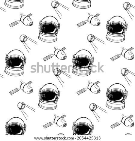 Hand-drawn astronaut helmet and satellites on a white background. Seamless pattern outer space