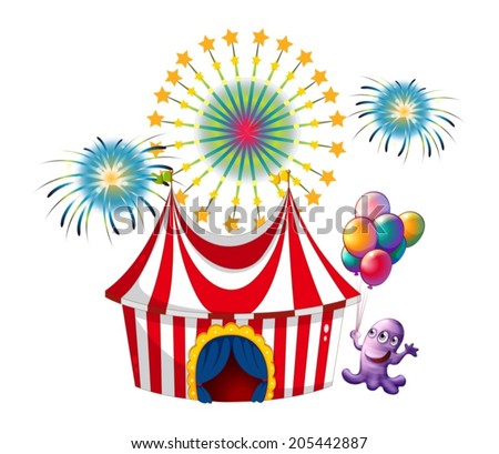 Illustration of a monster near the circus tent on a white background