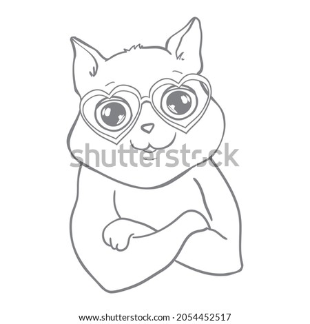 Vector cute cat illustration. Hand drawn Stylish kitten art. Doodle Kitty in glasses. Cartoon animal isolated on white. Funny character. Ideal for cards, posters, kids print.