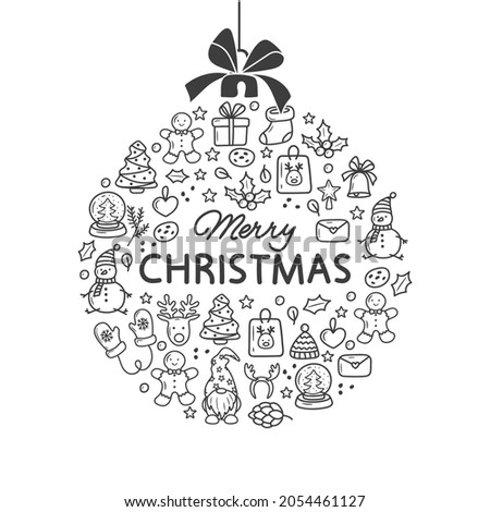 Christmas background Doodle winter holiday greeting card with ball from christmas