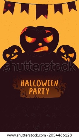 Vector dark brown Halloween party card with evil pumpkins, ghosts and flags.