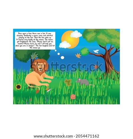The Lion and The Mouse Story Page 1 Vector Illustration with Jungle Background, Trees, Leaves, Lion, Mouse, Flowers, Grass, Sun, Clouds, Bird and blue Sky.