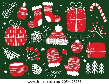 Set of hand drawn Christmas vector elements: gift box, socks, mittens, hat, snowflake, mug, candy, ball, candle, berries, Christmas tree.