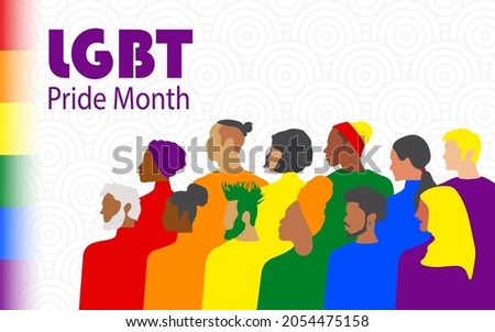 LGBT Pride Month. Diverse modern women and men of different nationalities and religions are fighting for their human rights and tolerance. Rainbow love concept. 