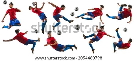 Collage of movements of young man, professional male soccer, football player in motion, training isolated over white background. Concept of action, team sport game, energy, vitality. Copy space for ad
