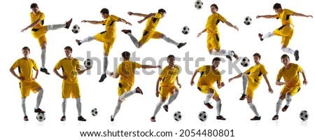Collage of movements of young man, football, soccer player in motion, training over white background. Man in yellow uniform. Concept of action, team sport game, energy, vitality. Copy space for ad