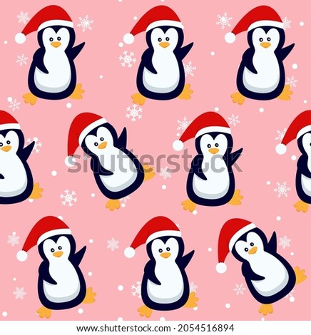 Penguins seamless pattern. Cute baby penguins in winter clothing and hats, christmas arctic animal, kids textile or wallpaper vector texture. eps 10