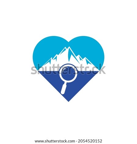 Mountain and loupe heart shape concept logo combination. Nature and magnifying symbol or icon. Magnifying glass and mountain logo design.