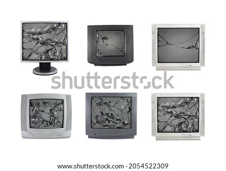  Old TV with broken kinescope, isolated on white background, television, picture tube, electronic scrap. Set of photos.