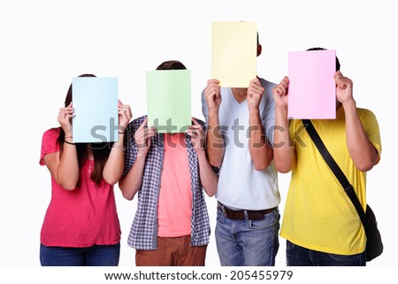 Friend group of happy student holding empty copy space billboard paper isolated over a white background,  caucasian