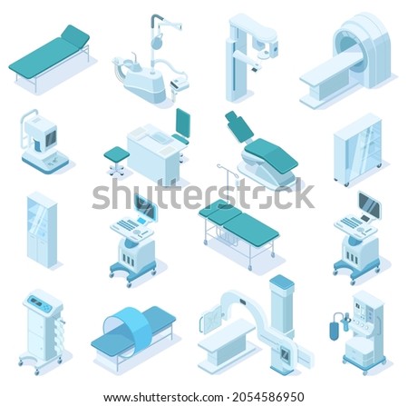 Isometric medical diagnostic, hospital health equipment. Medical scanner MRI, x-ray scanner and dental chair vector illustration. Ambulance technology equipment. Medical x-ray diagnostic and mri 3d Royalty-Free Stock Photo #2054586950