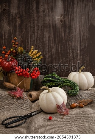 
White pumpkins. Autumn bouquet. Scissors.