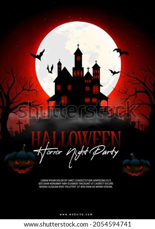 Realistic Halloween party poster with red gradient colour, a scary house, tree, bat, moon, pumpkin Royalty-Free Stock Photo #2054594741