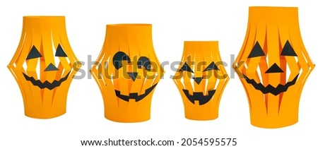 Halloween paper lanterns set isolated on white background. Orange paper lanterns in the form of laughing scary pumpkins. Halloween craft ideas for kids. Elements for Halloween decor.
