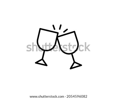 Cheers. Two wineglass with wine, champagne clip clop clattering. Holiday celebration, romantic date, dinner. Simple doodle illustration in cartoon outline style. Concept of online communication.