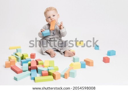 Baby plays with wooden constructor, educational toys on a white background. Toddler took a big toy wooden block in his mouth. Early childhood development, safe paints for toys concept. Royalty-Free Stock Photo #2054598008