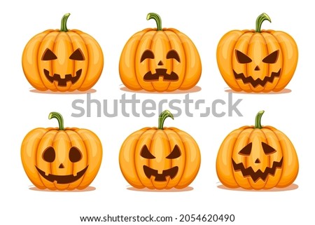 Set pumpkin on white background. Orange pumpkin with scary smile. Happy Halloween, trick or treat.