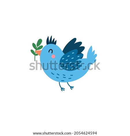 Blue flying bird with a plant. Cute character in cartoon style Isolated element. Print for baby shower and kids design. Vector illustration 