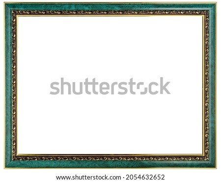 Golden Green Classic Old Vintage Wooden mockup canvas frame isolated on white background. Blank and diverse subject moulding baguette. Design element. use for framing paintings, mirrors or photo.