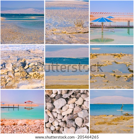 Square collage with nine picture of the Dead Sea natural resort area