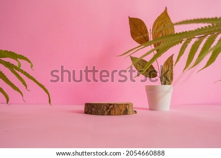 The composition features summer products. round wood on pink background with dried leaves decoration.
