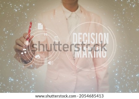 Hand writing sign Decision Making. Word for process of making decisions especially important ones Lady In Uniform Holding Tablet In Hand Virtually Typing Futuristic Tech.
