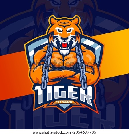 tiger strong fitness character mascot logo design for fitness bodybuilding game and sport logo