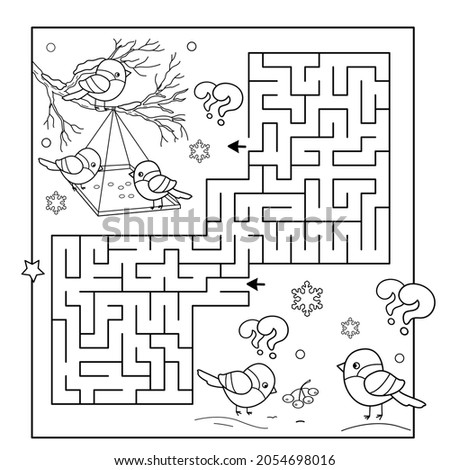 Maze or Labyrinth Game. Puzzle. Coloring Page Outline Of cartoon birds in the winter. Coloring book for kids.