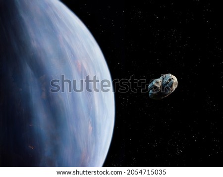 Asteroid is approaching a blue planet. Space stone is moving towards the Earth. View from space. End of life, great extinction.