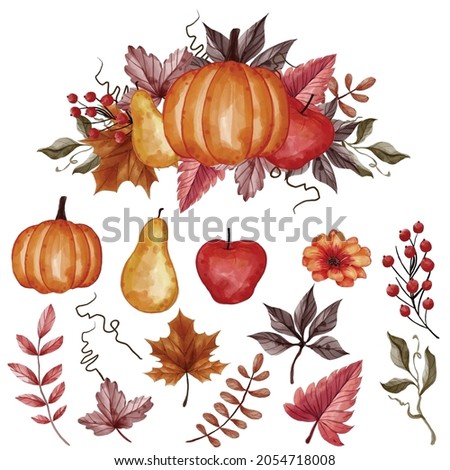 autumn fall leaf, pumpkin, pear, and apple isolated clip-art