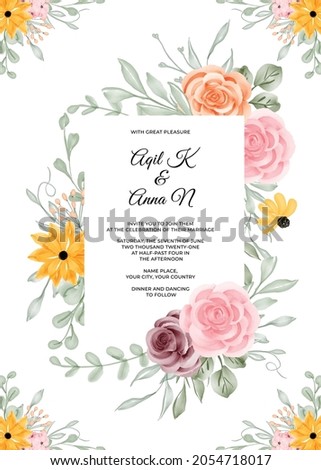 wedding invitation template with flower and leave, floral frame wedding card