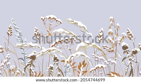 Seamless horizontal border with winter snow covered meadow plants. Wild herbs, cereals under the snow on gray background. Winter scenery pattern with simple dried grass in row  illustration