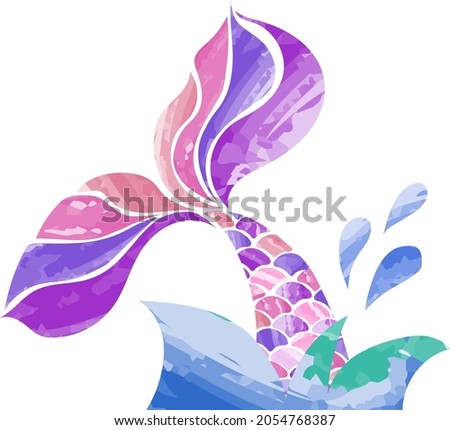 Image of mermaid tail, mermaid tail in watercolor, seashells, waves Royalty-Free Stock Photo #2054768387
