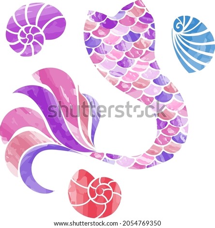 Image of mermaid tail, mermaid tail in watercolor, seashells Royalty-Free Stock Photo #2054769350